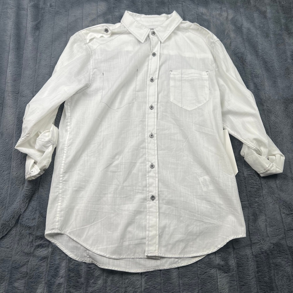 Rerun Mens White Textured Long Sleeve Button Down Shirt Epaulets Size M